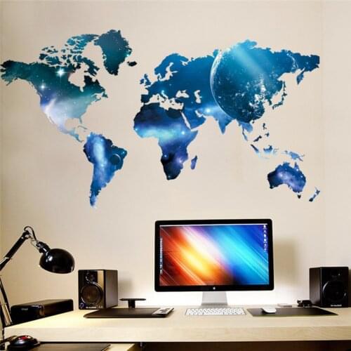 3d Blue Planets Space World Map Wall Stickers For Classroom Office Living Room study room Home Decoration Pvc Decals Mural Art