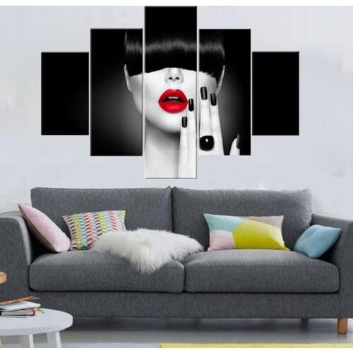 Hanging Big Pictures 5 PcsMulti Panel Canvas Wall Art Black Nails and Red Matte Lipstick Paintings Modern Artwork Home Decor