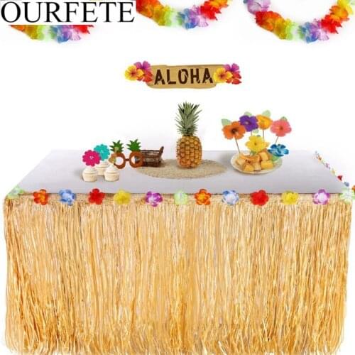 9ft 275CM Artificial Hibiscus Grass Table Skirt Hawaiian Tropical Luau Party Tableware Decoration Birthday Party Supplies Flower