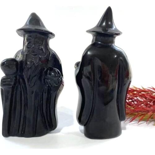 Free Shipping Wholesale Natural Crystal Higt Quality Hand Carving Crystal Black Obsidian Wizard for geomantic omen and gifts YJL