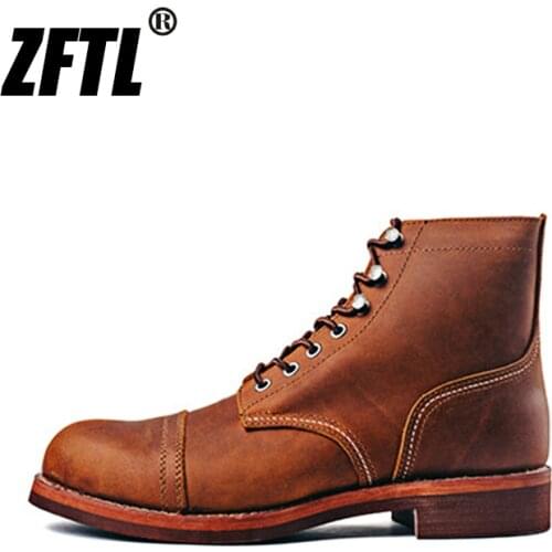 ZFTL Mens Motorcycle Boots Cowhide American Vintage Genuine Leather Desert Boots Matins Boots Male Lace up Boots Couple boots