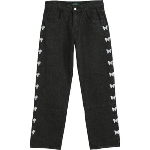 Straight Leg Daddy Pants Man Trousers 2021 Mens Black Jeans Harajuku Butterfly Embroidery Hip Hop High Street Loose