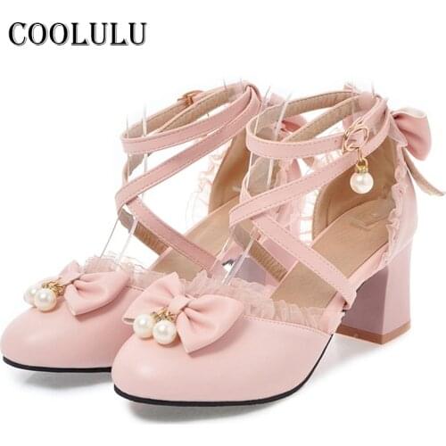 Lolita Shoes Pink High Heels 2019 Women Ankle Strap Pumps Spring Bow Block Heel Shoes High Heels Party Shoes White Black