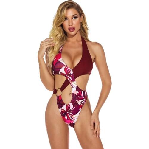 Floral Swimsuit Fashion Womens Monokini Sexy Bandage Swimwear Halter Bathing Suit Womens Bodysuit Leisure Party Club Beachwear