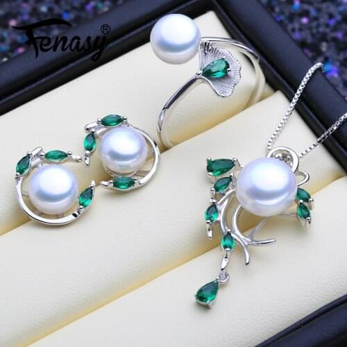 FENASY Trendy 925 Sterling Silver Natural Pearl Jewelry Sets For Women Green Emerald Earrings Pendant Necklace Engagement Ring