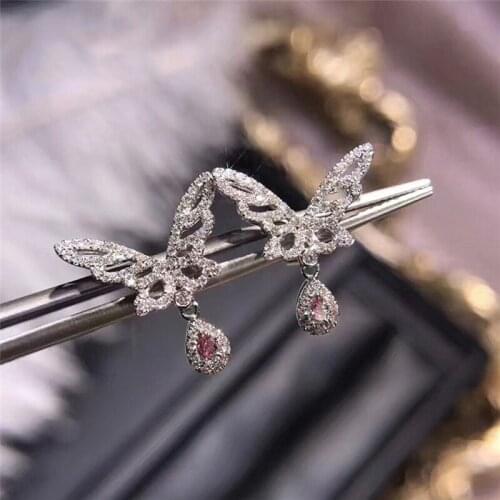 Huitan Newly Designed Butterfly Dangle Earrings for Women White/Pink CZ Stone Romantic Wedding Accessories Fashion Party Jewelry