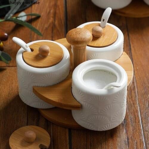Kitchen Supplies Ceramic Seasoning Pot Wooden Base Spice Jar Seasoning Box Spice Container Salt Shaker Sugar Bowl Spice Bottle