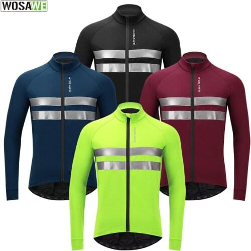 WOSAWE Men Cycling Jacket Thermal Fleece Cycling Windproof Jacket Autumn Winter Sports Coat Breathable Reflective Long Jersey