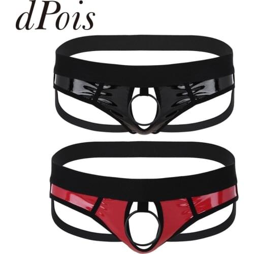 Male Men Faux Leather Open Back Hollow Out Jockstrap Low Rise Bikini Briefs G-string Underwear with Metal Penis O-Ring Panties
