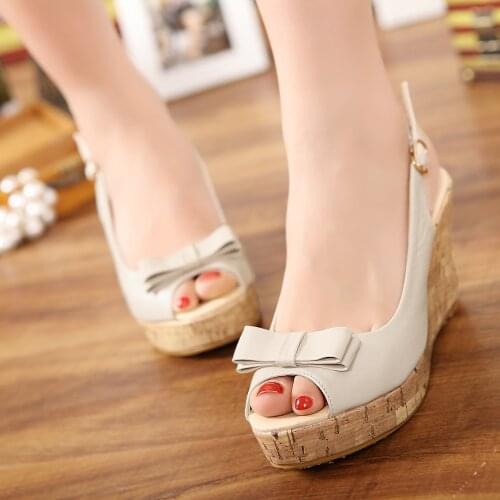 2018 Summer New Wedge With High Heel Bow Sandals Small Size Fish Mouth Shoes