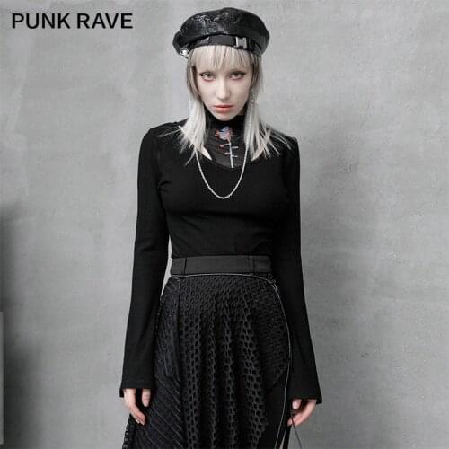PUNK RAVE Girls Long Sleeve Collar Hollow Slim Tide T-shirt Gothic Flare Sleeve Black Autumn Winter Women Sexy Tops