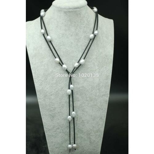 Freshwater pearl gray egg big hole 9-13mm 48inch long black leather necklace FPPJ wholesale nature beads