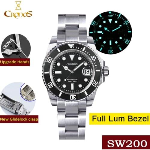 Cronos Diver Luxury Men Watch SW200 Stainless Steel Bracelet Ceramic Rotating Bezel 200m Waterproof Luminous Business Watches