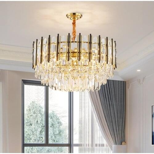 Luxury Golden White Glass Indoor Lamp Fixture Crystal Hanging Drop Titanium Mirror Pendant Light For Living Room
