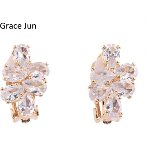 Grace Jun Personlized Waterdrop AAA Cubic Zirconia Clip on Earrings Non Piercing for Women Party Charm No Hole Ear Clip Bijoux