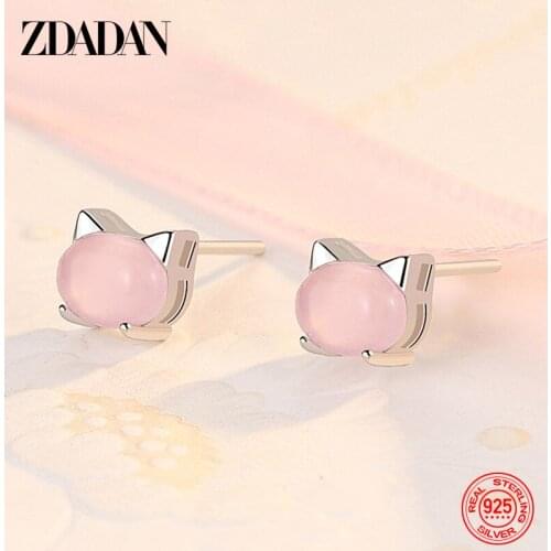 ZDADAN 925 Sterling Silver Pink Crystal Cat Earrings For Women Girl Fashion Jewelry Gift