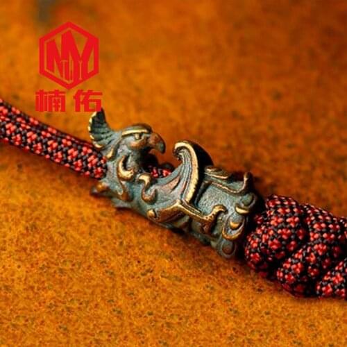 Outdoor EDC Tool Brass Tang Dynasty Phoenix Looking Back Paracord Knife Bead Key Ring Phone Pendant