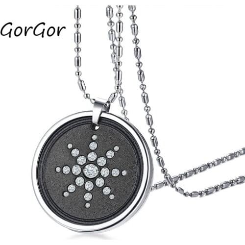 GorGor Men Titanium Steel Rhinestone Volcanic Energy Pendant High Polished Lava Stone Shiny Rhinestones PN-1006