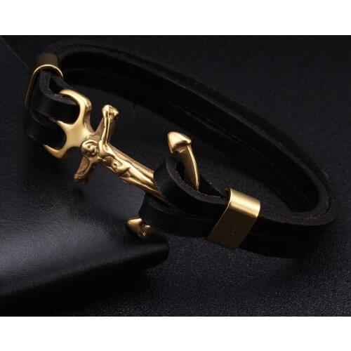 Vintage Diy Braided Genuine Leather Men Women Anchor Bracelets Stainless Steel Chain Link Charm Cross Cuff Bracelets Bangles