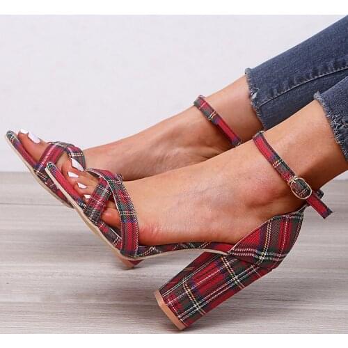 2021 Big Size 35-43 Heels Women Pumps Red Sandals Plaid Shoes Women Shallow High 2021 Party Wedding Shoes