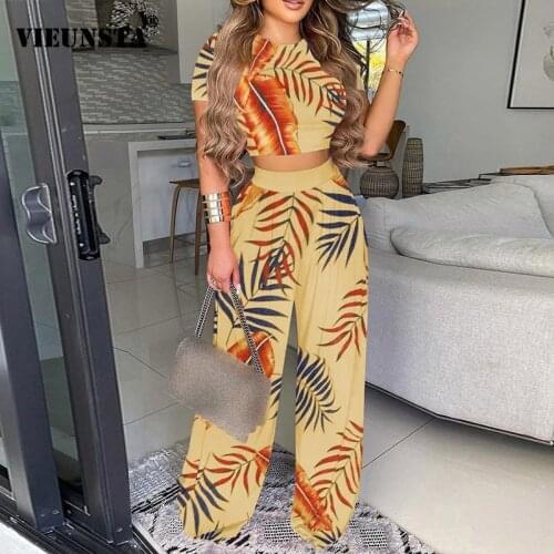 Women Spring Maple Leaf Print Two Piece Set Elegant O Neck Short Sleeve Shirt Pullover + Wide Leg Pants Suit Summer Lady Outfits