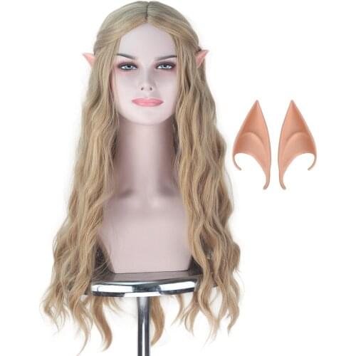 Galadriel wig women Cosplay long Wavy Ash blonde hair Halloween Wig with Elf Ears