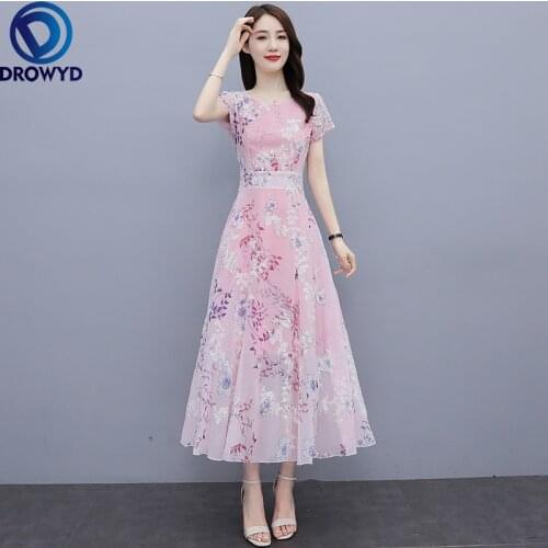 Summer Vintage Chiffon Boho Long Dress 2021 New O-neck Sexy Embroidery Maxi Dresses Women Short Sleeve High Waist Party Dresses