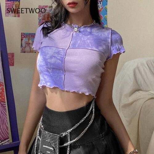 2021 Women Tie Dye Cropped Top Ruffle Frill Short Sleeve Tops Patchwork T-Shirts Round Neck Casual Tees Party Summer Clothes