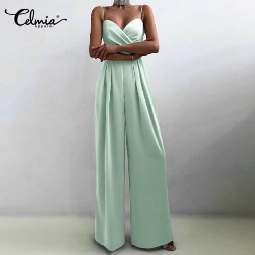 2021 Party Womens Waist Long Jumpsuits Celmia Sexy Satin Wide Leg Pants Strap Sleeveless Playsuit Pleated Backless Solid Romper