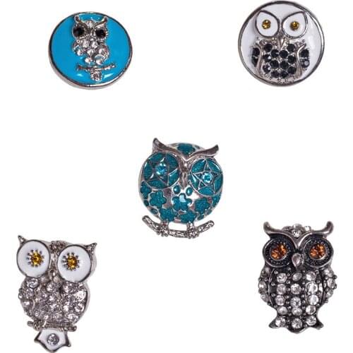 5pcs/lot Mixed 18mm Metal OWL Button Snaps Crystal Snap Buttons Fit Ginger Snaps Jewelry Snaps Bracelets MDB18-223