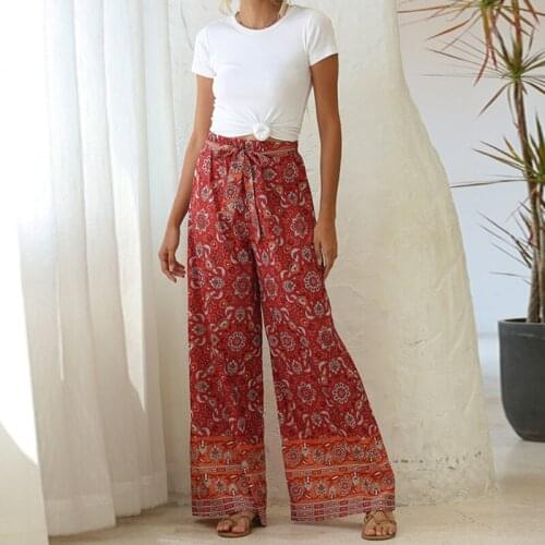 Ladies Summer Floral Print Wide Leg Belt Trousers Ladies Holiday Beach Casual Loose Trousers Womens Clothing Vintage Streetwear