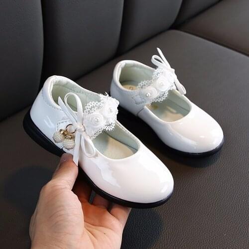 Child Flower Bead Little Girls Dress Bow Princess Party Shoe For Wedding Shoes Big Kids Leather Shoe 3 4 5 6 7 8 9 10 11 12 Year