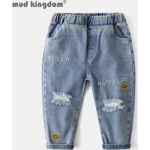 Mudkingdom Boy Denim Pants Letter Embroidery Smiley Ripped Distrressed Jeans Slant Pocket Elastic Waist Kids Trousers Autumn