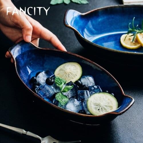 FANCITY Klin Blue Boat Shaped Plate Ceramic Long Fish Bowl Baking Cheese Rice Bowl Dish Bowls