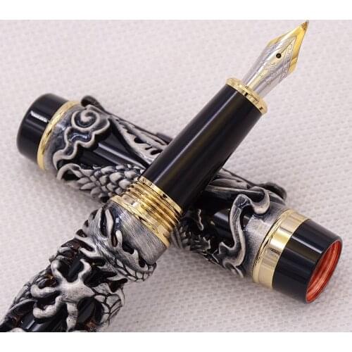 Jinhao Dragon Phoenix Vintage Luxury Gray Calligraphy Pen Fountain Pen Iraurita Bent Nib Full Metal Carving for Art Office Gift