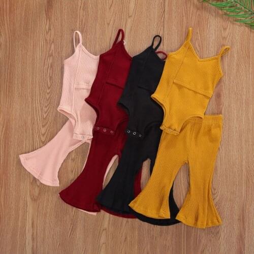 Infant Baby Girls Clothes Sets Solid Sleeveless Suspenders Romper Tops Long Flare Pants 4 Colors Outfits