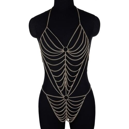 Sexy Metal Linked Bikini Set Halter Bra Chain Women New Fashion Bling Nightclub Backless Body Chain Festival Jewelry Accessories