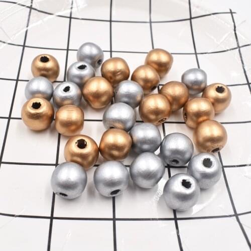 50pcs/Lot 14mm Golden Silver Color Wood Beads Round Loose Spacer Beads for Jewelry Making DIY Wood Bracelet Necklace Accessories