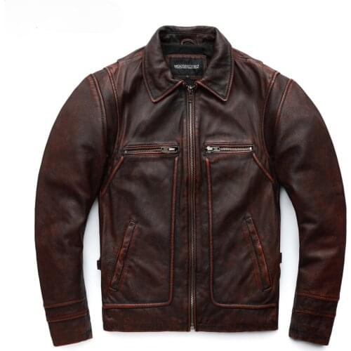 Brand Men Leather Jacket Black Red Brown 100% Cowhide Vintage Jackets Men Winter Coat Long Sleeve 62-68cm M-5XL M100