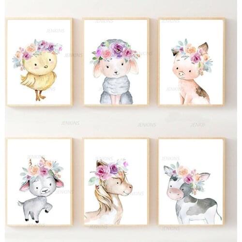 Chick Goat Horse Cow Pig Sheep Farm Animals Wall Art Canvas Painting Nordic Posters and Prints Wall Pictures for Kids Room Decor