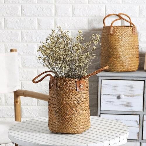 Seaweed woven storage basket garden vase hanging basket rattan planter potted organizer household laundry basket