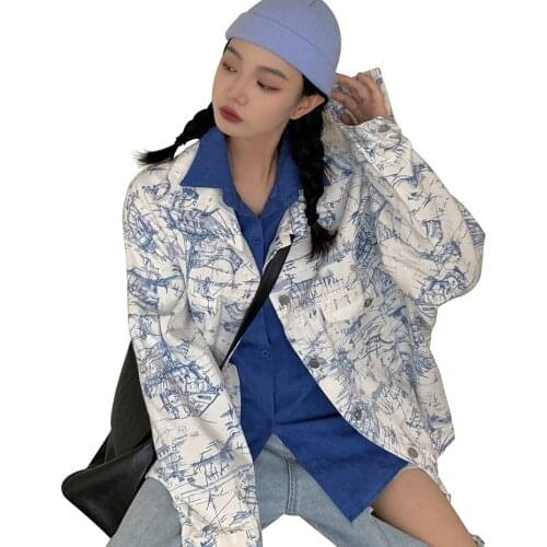 Retro Boyfriend Jeans Jacket Coat Winter 2020 Autumn Casual Loose Long Sleeve Women Denim Jacket Harajuku Graffiti Outerwear