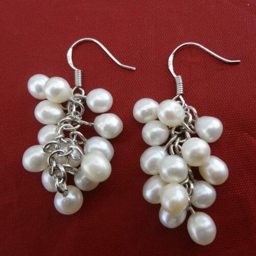 3 inches Grape Style 6-7mm Natural White Fresh Water Oval Pearl 925 Sterling Silver Earring