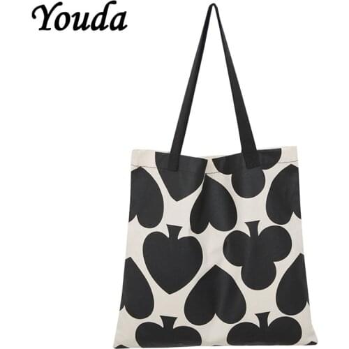 Youda Canvas Shopping Bag 2021 New Large Capacity Conventional Tote Bag Fashion Heart Printing Womens Shoulder Bags Simple Pack