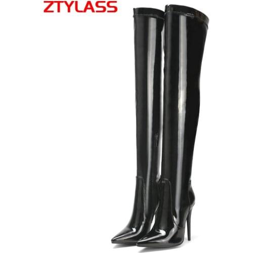 Big Size Womens Shoes 34-45 Women Stretch Patent Leather Over The Knee Boots Fashion Zipper Thin High Heel Thigh Boots Autumn