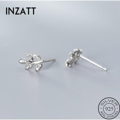 INZATT Real 925 Sterling Silver Zircon Leaves Stud Earrings For Fashion Woman Cute Fine Jewelry MInimalist Accessories Gift