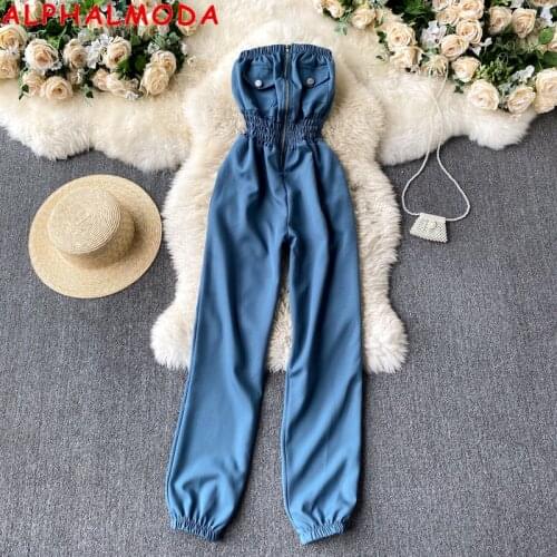 ALPHALMODA 2021 Spring Summer Retro Sexy One-piece Jumpsuit Off-shoulder Zipper High Waist Pocket Pencil Rompers for Women