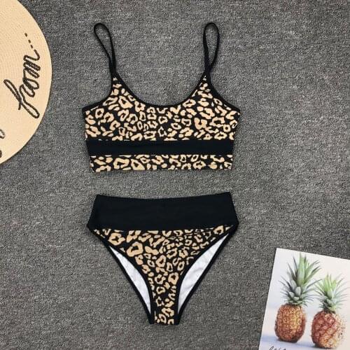HOHL Women split swimsuit sexy leopard print high waist bikini Women Plus Size Swimming Suit