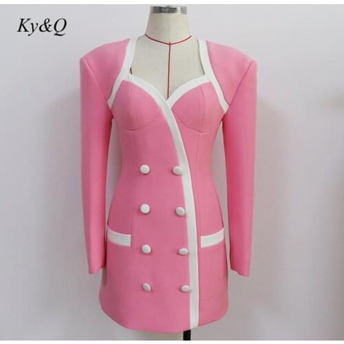 Europe Runway Brand Clothing 2020 Autumn Winter New Women Elegant Cute Square Collar Color Matching Slim Sexy Pink Mini Dress