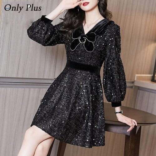 Only Plus 2021 New Autumn Black Shiny V-neck Sequined Dress For Women Party Club Slim Solid Bow Lantern Sleeve A-Line Vestidos